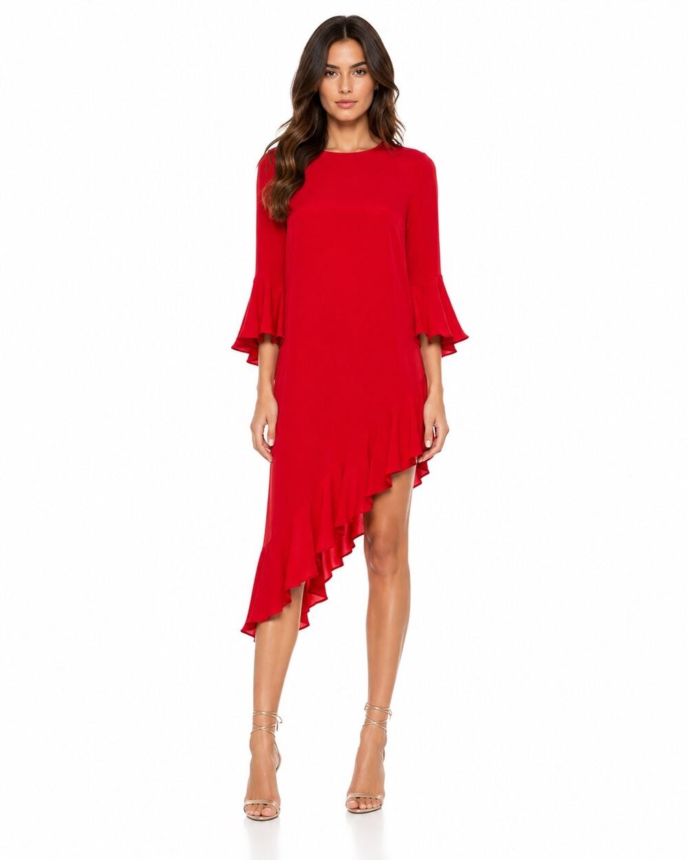 ALEXIS Silk Crepe Ruffle Bell Sleeve High Low Asymmetrical Cocktail Party